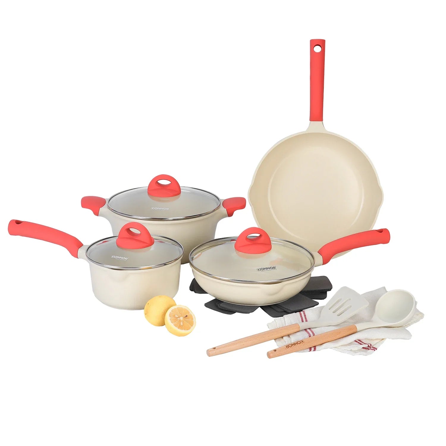 DONNOR Kitchen Pots and Pans Set Non Stick Ceramic Set of Pots with Lid Cooking Pot Frying Pan Nonstick with Pot Protectors