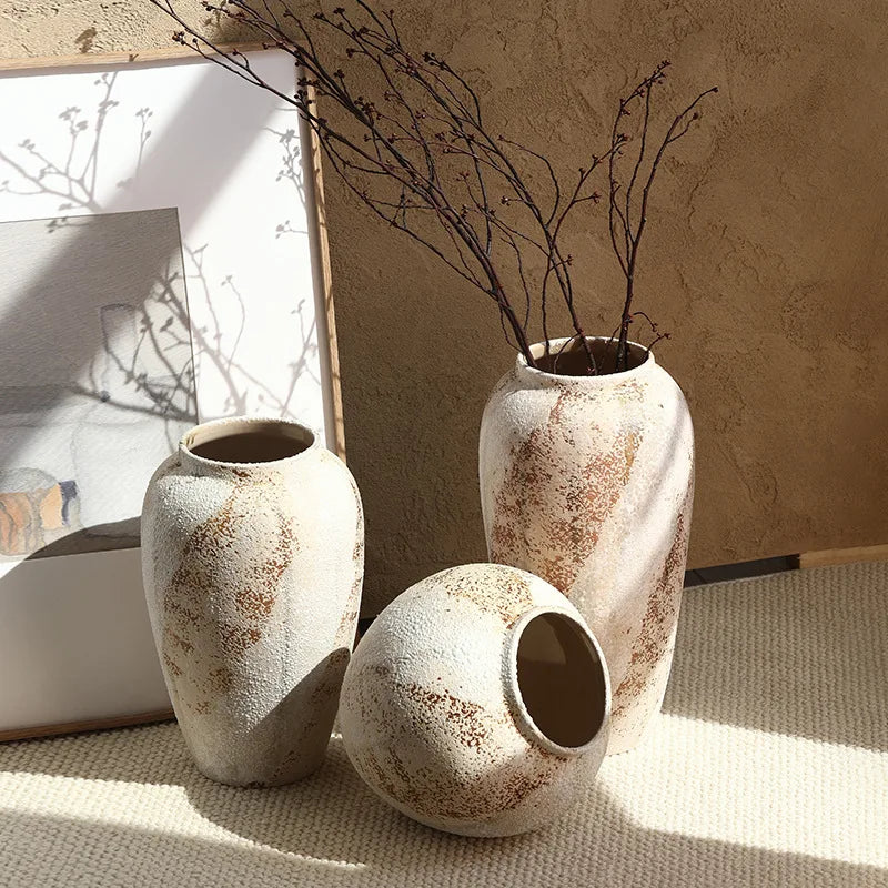 Wabi Sabi Ceramic Vase Handmade Retro Pottery Jar High End Flower Arrangement Home Decor Minimalist Japanese Style Decoration