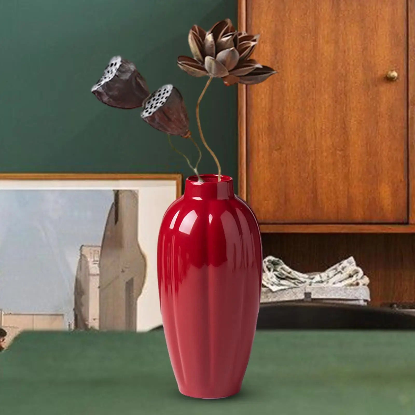 Ceramic Red Vase Rustic Decorative Vases Flower Vases Small Red Vase for Kitchen Bedroom Home Office Decoration Bookshelf Shelf