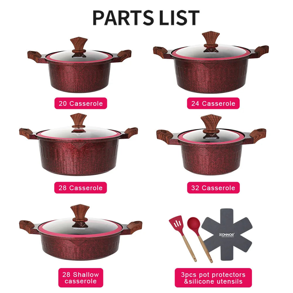 Hot Selling 15pcs Healthy Coat Kitchen Cookware Set Forged Aluminum Non-Stick Casserole Pot Pans Granite Cookware Nonstick