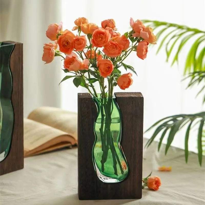 Solid Wood Transparent Glass Vase for Home Decor Crystal Flower Vase Modern Centerpiece for Living Room/Hotel Lobby Decoration