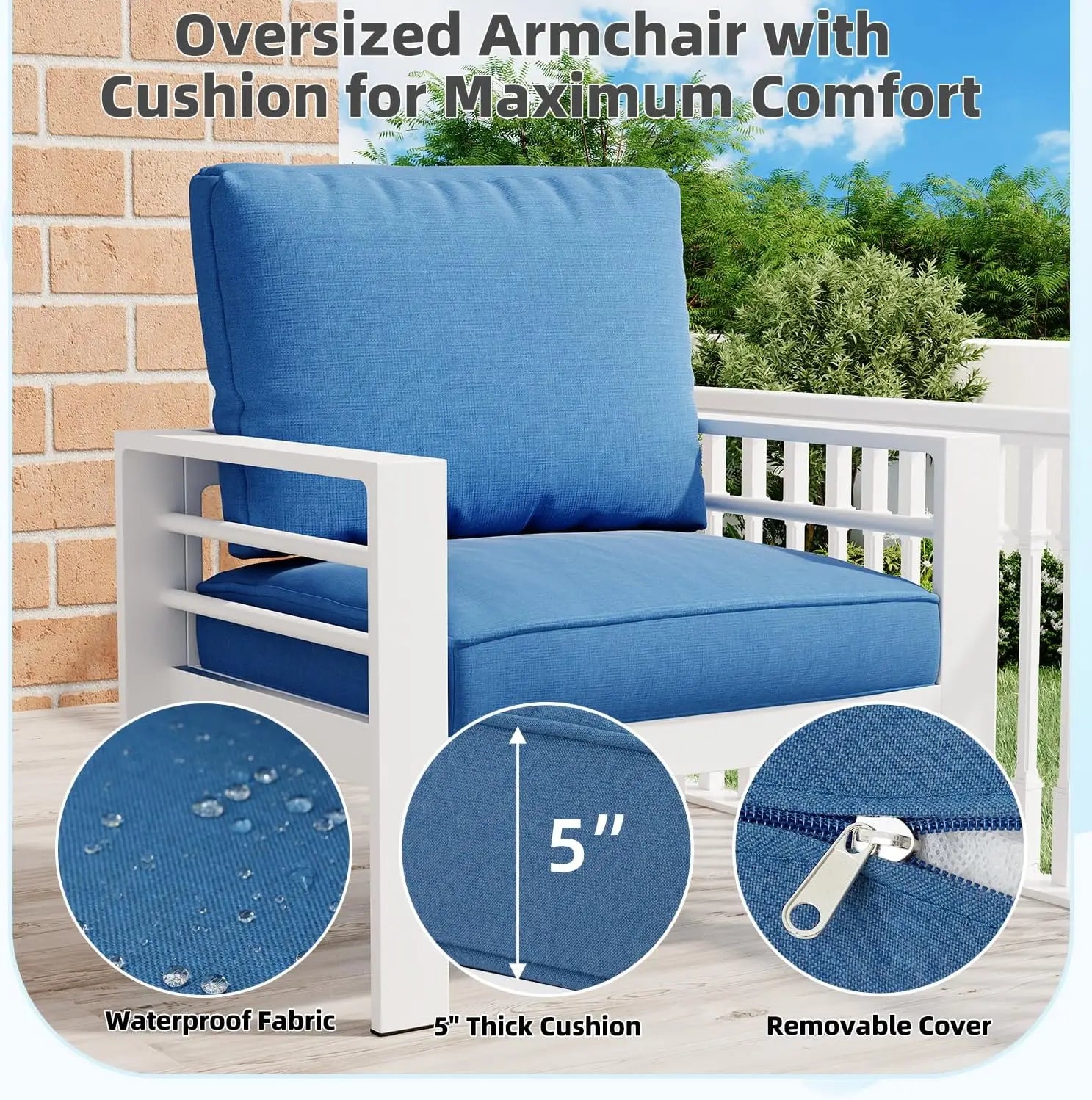 7 Pieces Aluminum Patio Furniture Set with Coffee Table, Conversation Set with Blue Cushions for Balcony, Porch, Lawn and Yard