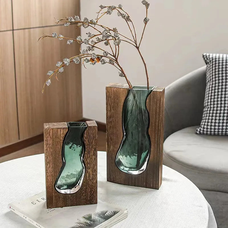 Solid Wood Transparent Glass Vase for Home Decor Crystal Flower Vase Modern Centerpiece for Living Room/Hotel Lobby Decoration