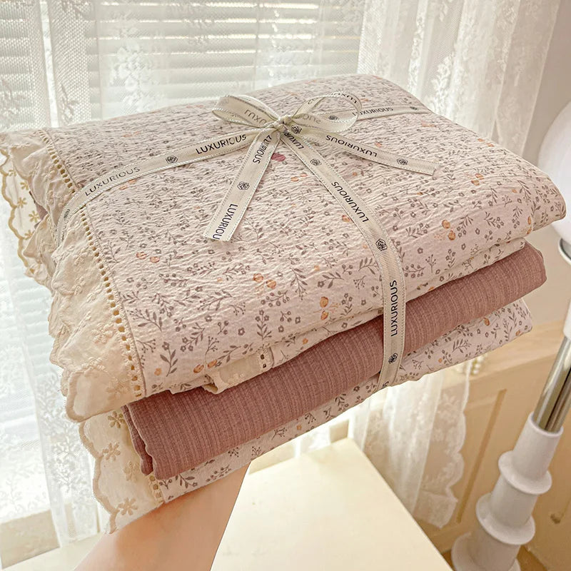 Ins Floral Bedding Set Princess Duvet Cover Set Bed Linen Flat Sheets Set 2 Pillowcases Single Double Queen Size Back To School